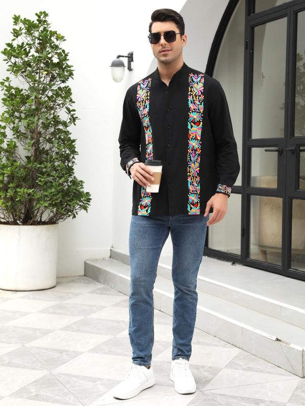 Mexican Shirts for Men Guayabera Embroidered Traditional Fiesta Button Up Mandarin Collared Long Sleeve Shirt