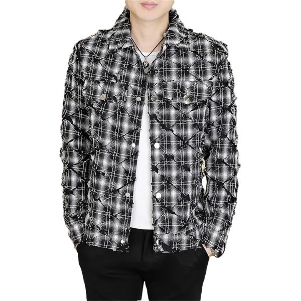 Men Spring Retro Plaid Jacket Social Streetwear Coats Versatile Ripped Jacket