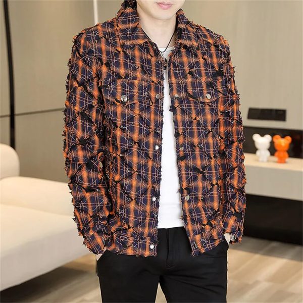 Men Spring Retro Plaid Jacket Social Streetwear Coats Versatile Ripped Jacket