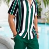 Men's Hawaiian Shirt Set Tropical Print Striped Button Down Hawaiian Shirt and Shorts 2 Piece Outfits