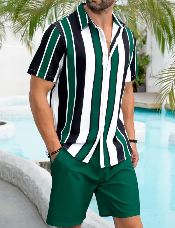 Men's Hawaiian Shirt Set Tropical Print Striped Button Down Hawaiian Shirt and Shorts 2 Piece Outfits