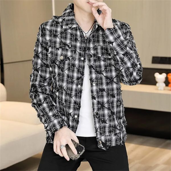 Men Spring Retro Plaid Jacket Social Streetwear Coats Versatile Ripped Jacket