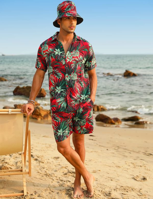 Men's Flower Hawaiian Sets Casual Short Sleeve Shirt and Shorts Suits Outfits with Bucket Hats