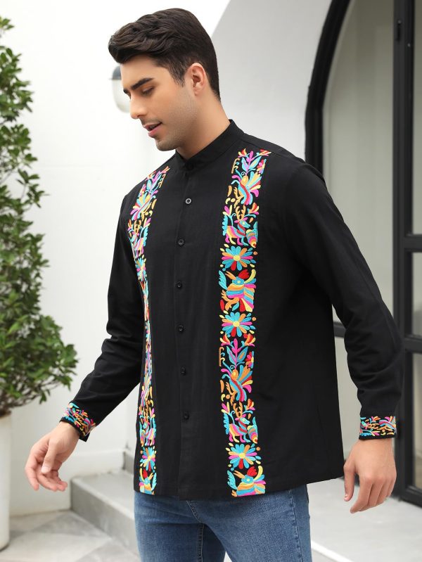 Mexican Shirts for Men Guayabera Embroidered Traditional Fiesta Button Up Mandarin Collared Long Sleeve Shirt
