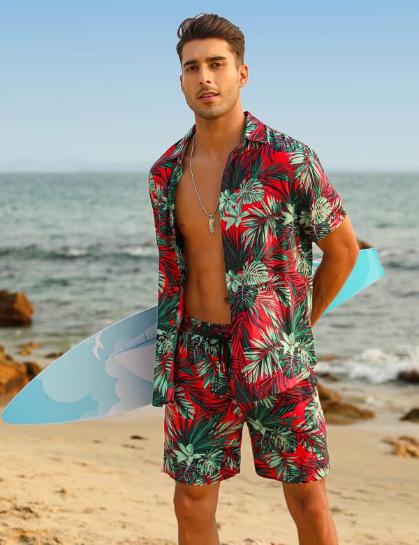 Men's Flower Hawaiian Sets Casual Short Sleeve Shirt and Shorts Suits Outfits with Bucket Hats