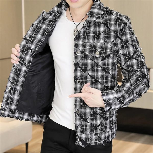 Men Spring Retro Plaid Jacket Social Streetwear Coats Versatile Ripped Jacket
