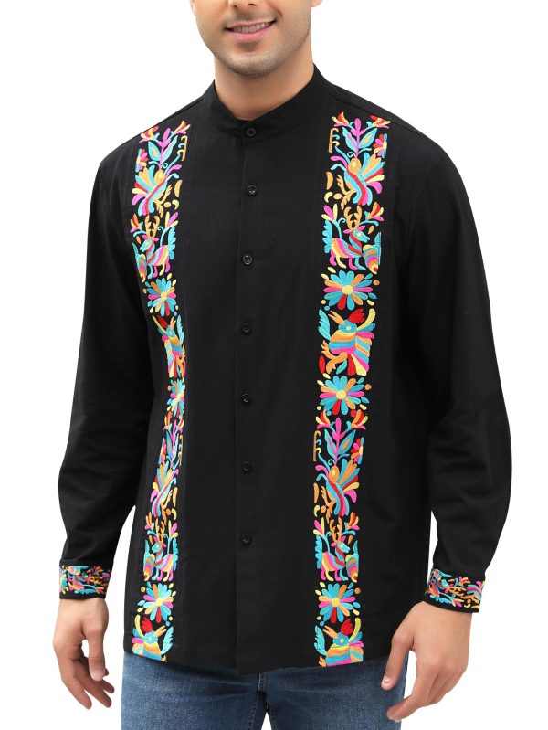 Mexican Shirts for Men Guayabera Embroidered Traditional Fiesta Button Up Mandarin Collared Long Sleeve Shirt