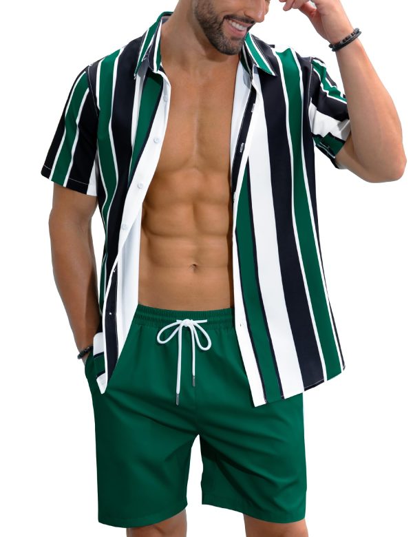 Men's Hawaiian Shirt Set Tropical Print Striped Button Down Hawaiian Shirt and Shorts 2 Piece Outfits