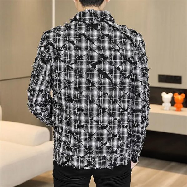 Men Spring Retro Plaid Jacket Social Streetwear Coats Versatile Ripped Jacket