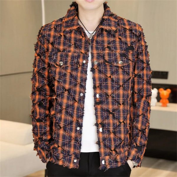 Men Spring Retro Plaid Jacket Social Streetwear Coats Versatile Ripped Jacket