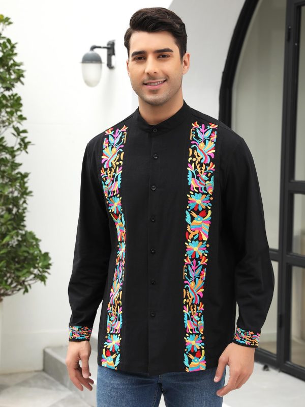 Mexican Shirts for Men Guayabera Embroidered Traditional Fiesta Button Up Mandarin Collared Long Sleeve Shirt