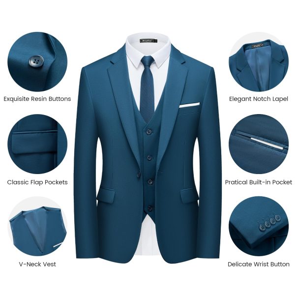 Men’s Slim Fit Suit One Button 3-Piece Blazer Dress Business Wedding Party Jacket Vest & Pant