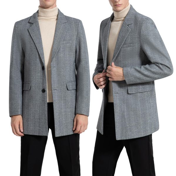 Men's Herringbone Wool Blend Coat Jackets Casual Notched Lapel Blazer Pea Coat Autumn Winter Warm Trench Overcoat