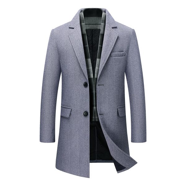 Men's Wool Blend Coat with Detachable Scarfs Herringbone Jackets Casual Blazer Pea Coat Autumn Warm Trench Overcoat