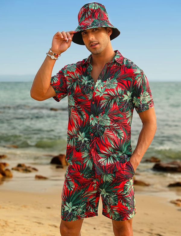Men's Flower Hawaiian Sets Casual Short Sleeve Shirt and Shorts Suits Outfits with Bucket Hats