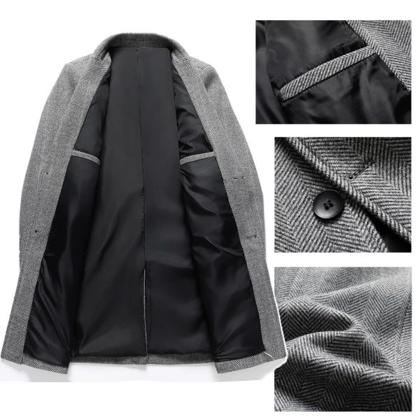 Men's Herringbone Wool Blend Coat Jackets Casual Notched Lapel Blazer Pea Coat Autumn Winter Warm Trench Overcoat