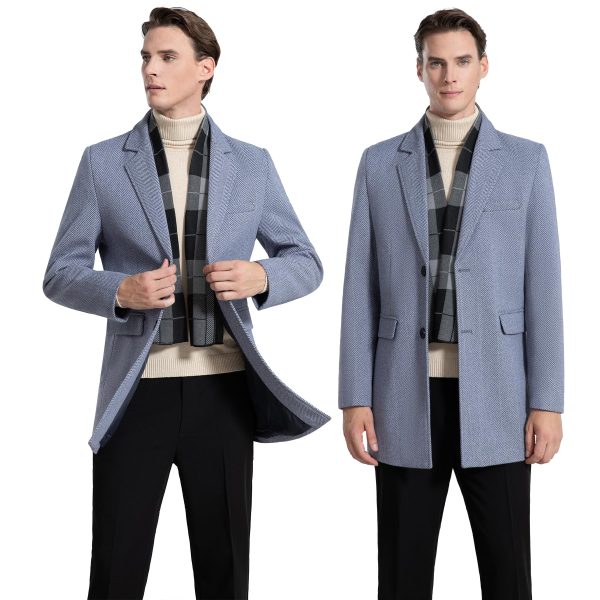 Men's Wool Blend Coat with Detachable Scarfs Herringbone Jackets Casual Blazer Pea Coat Autumn Warm Trench Overcoat