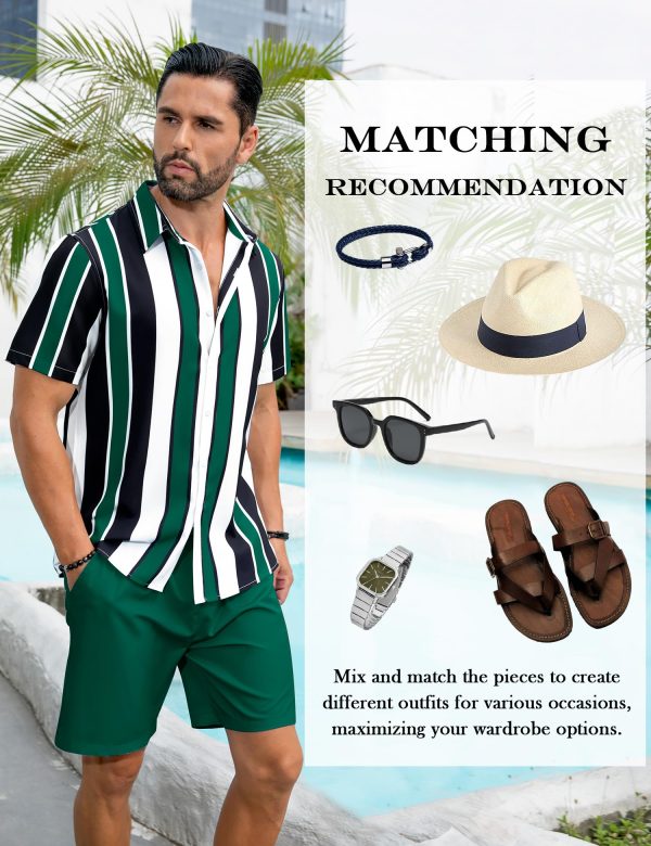 Men's Hawaiian Shirt Set Tropical Print Striped Button Down Hawaiian Shirt and Shorts 2 Piece Outfits